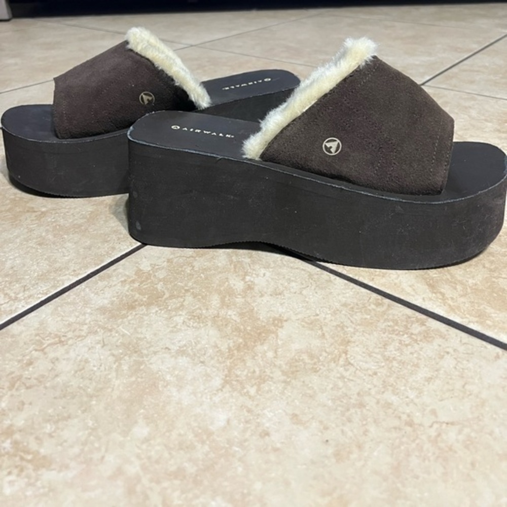 Airwalk Brown Faux Fur Platform Slide Sandals